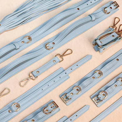 Elegant Pastel Blue Vegan Leather Bondage Set - 8 Piece Beginner's BDSM Kit