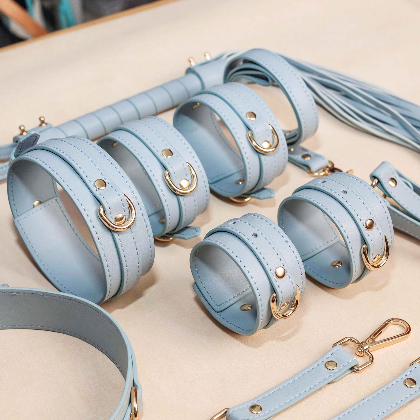 Elegant Pastel Blue Vegan Leather Bondage Set - 8 Piece Beginner's BDSM Kit