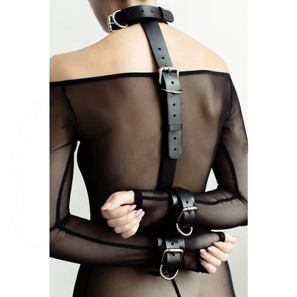 Slave Bondage Leather Neck to Wrist Back Restraint Collar with Handcuffs