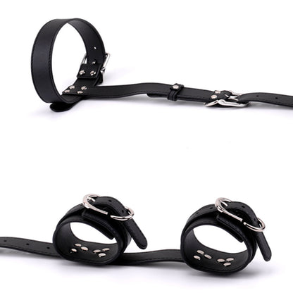 Slave Bondage Leather Neck to Wrist Back Restraint Collar with Handcuffs