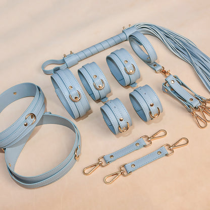 Elegant Pastel Blue Vegan Leather Bondage Set - 8 Piece Beginner's BDSM Kit